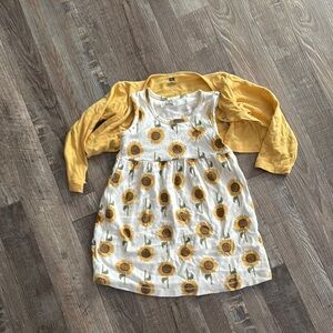 Sunflower Print Kids Dress with Yellow Cardigan